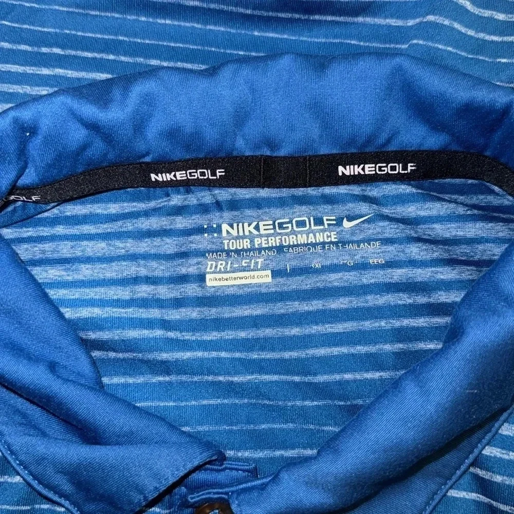 Nike Tour Performance Dri Fit Golf Polo Blue Stripe Graphic Swoosh Logo